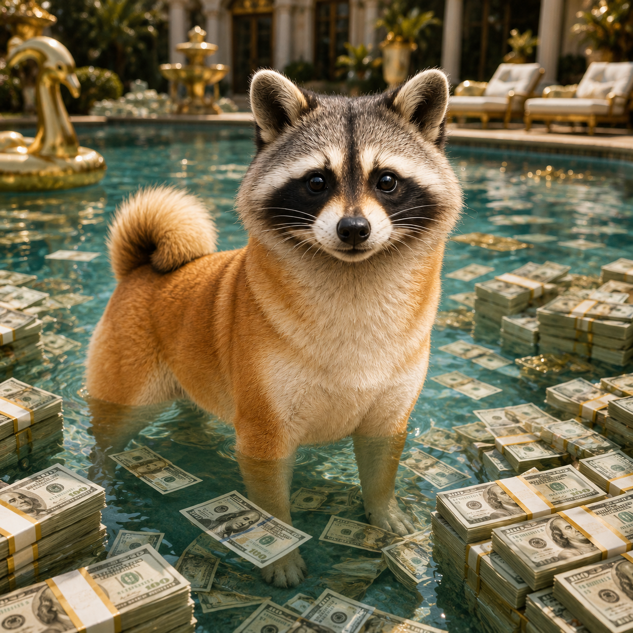 SHICOON standing in a pool full of cash