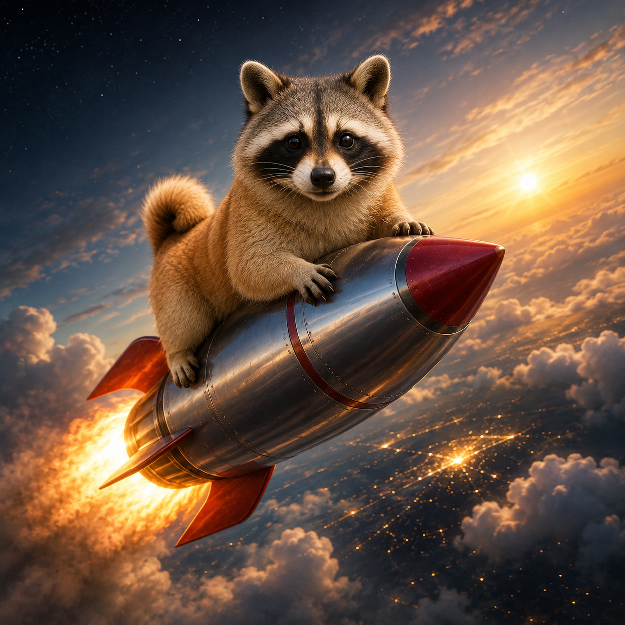 SHICOON riding a rocket above the clouds