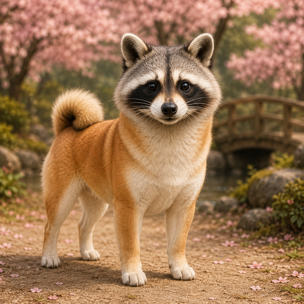 SHICOON — a Shiba Inu with a raccoon face standing in a cherry blossom garden